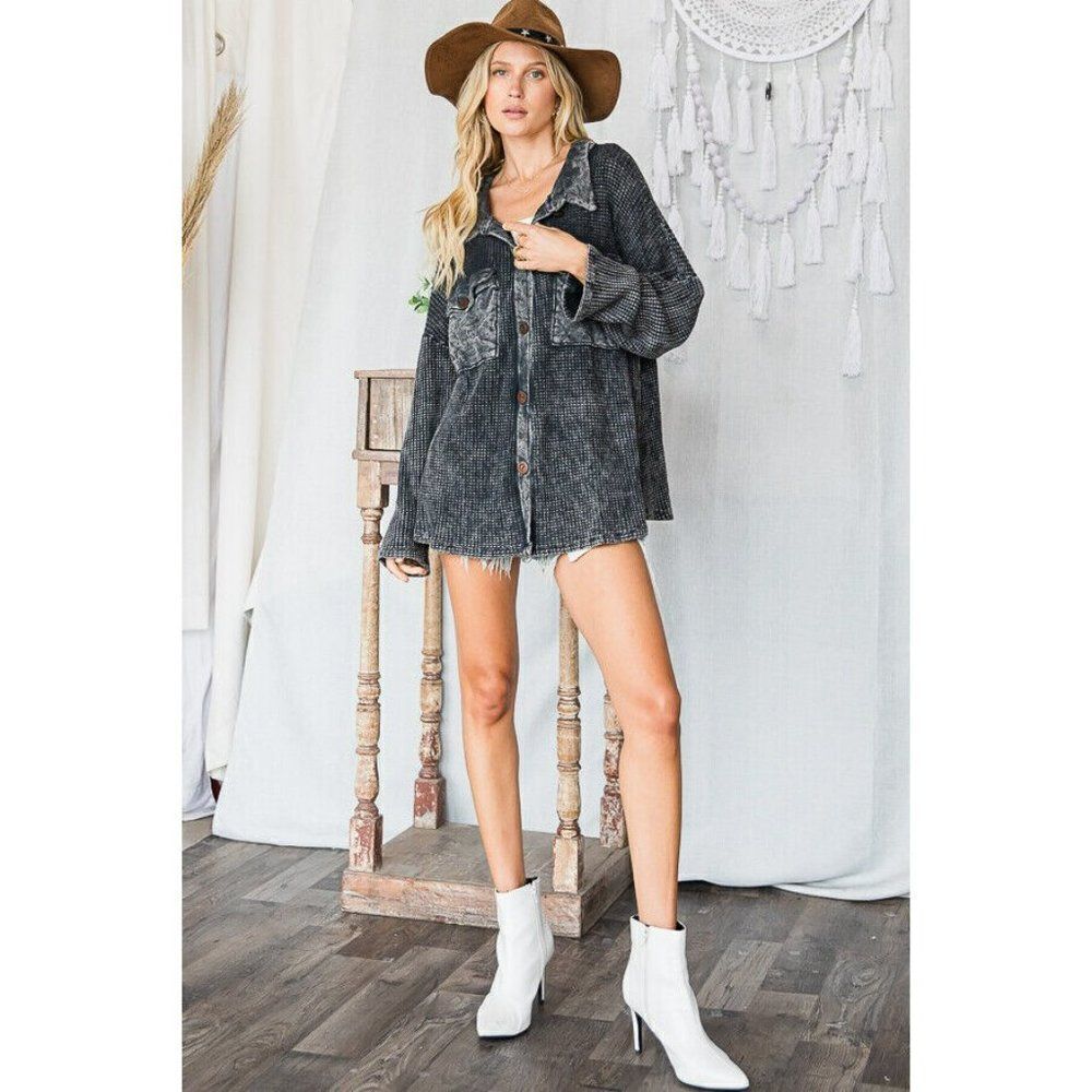 BUCKETLIST Waffle Knit Charcoal Women's Shacket Acid Wash Oversized New T1504 - Picture 2 of 3